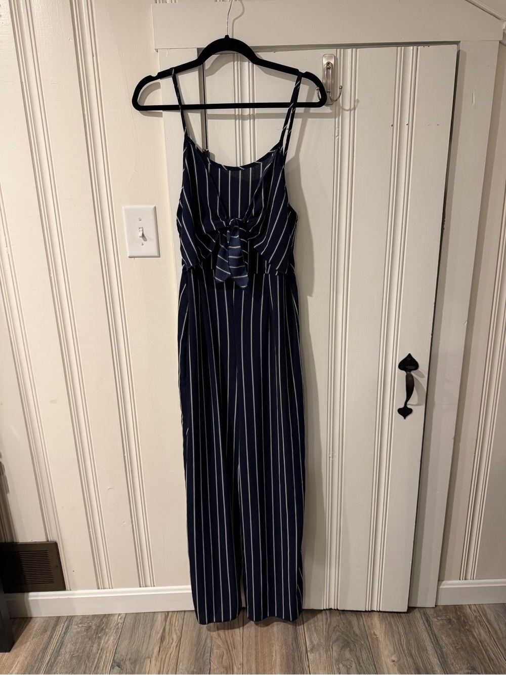 Navy Blue Vertical Stripe Spaghetti Strap Maxi Jumpsuit